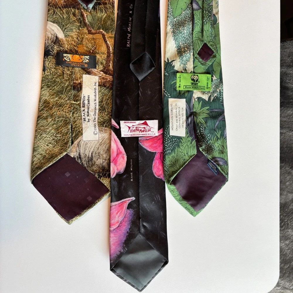 Lot 3 Vtg Animal Print Neckties Wildlife Endangered Species WWF Mens Tie Novelty